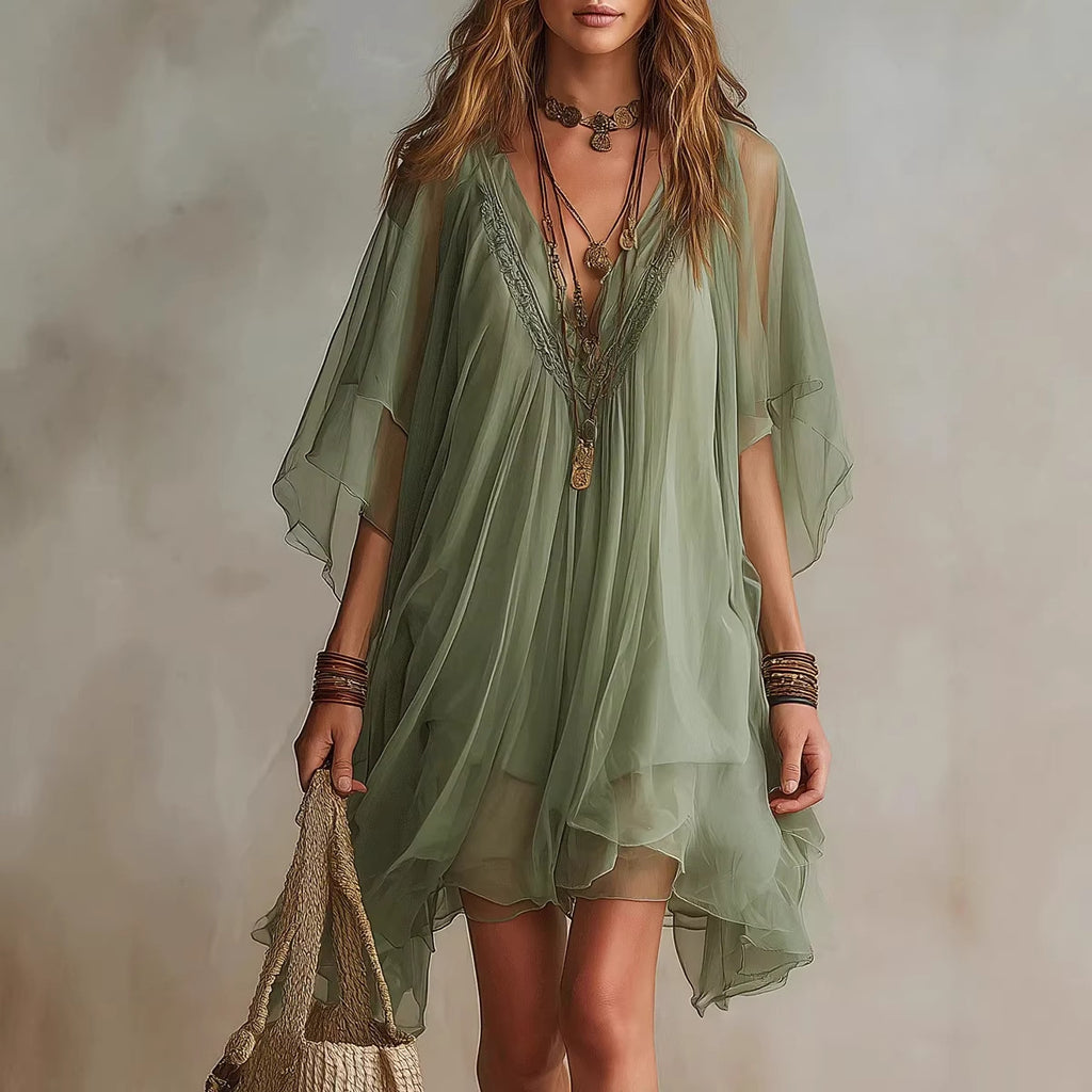 V-neck Chiffon Loose-fitting Resort Blouse And Beach Skirt