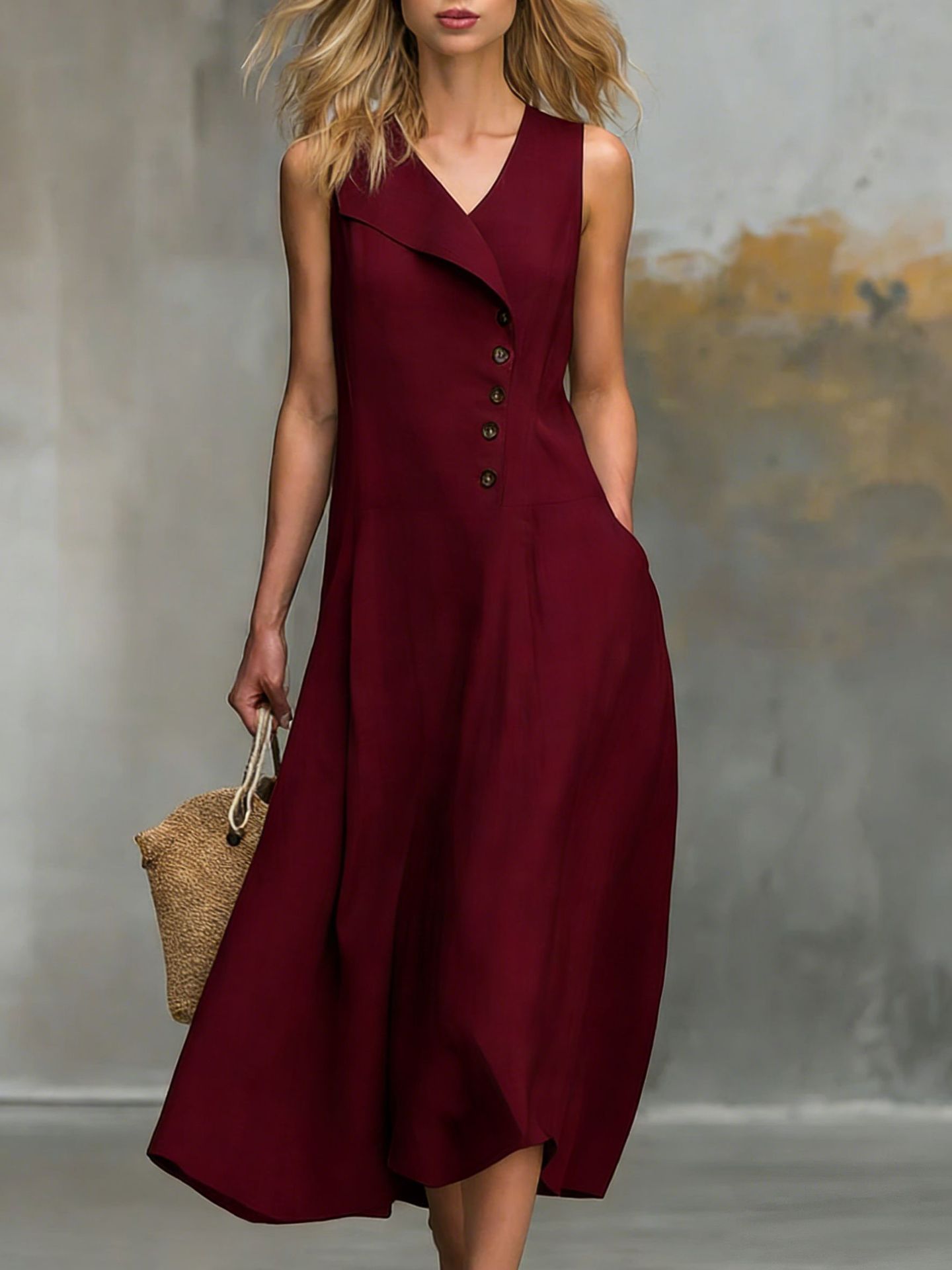 Solid-color Lapel-buttoned Sleeveless Womens Dress With A Fitted Hem