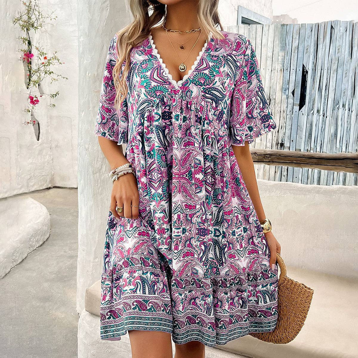 Spring New Fashion Short-Sleeve Printed V-Neck Dress