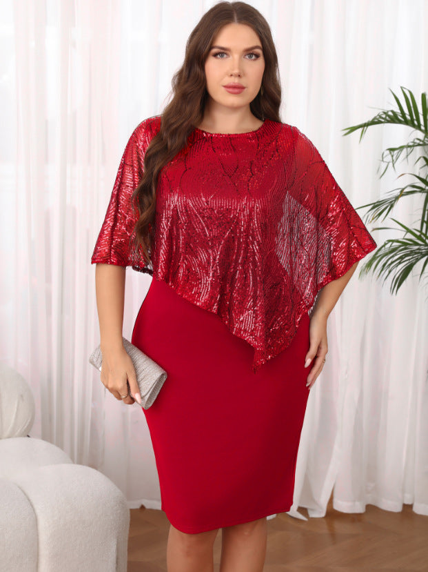 Sequined Patchwork Irregular Plus-Size Womens Dress