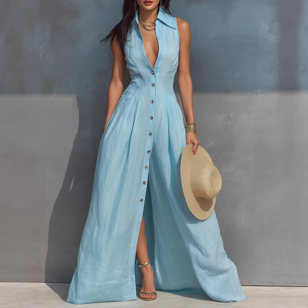 High-waisted Lapel Shirt-style Maxi Dress
