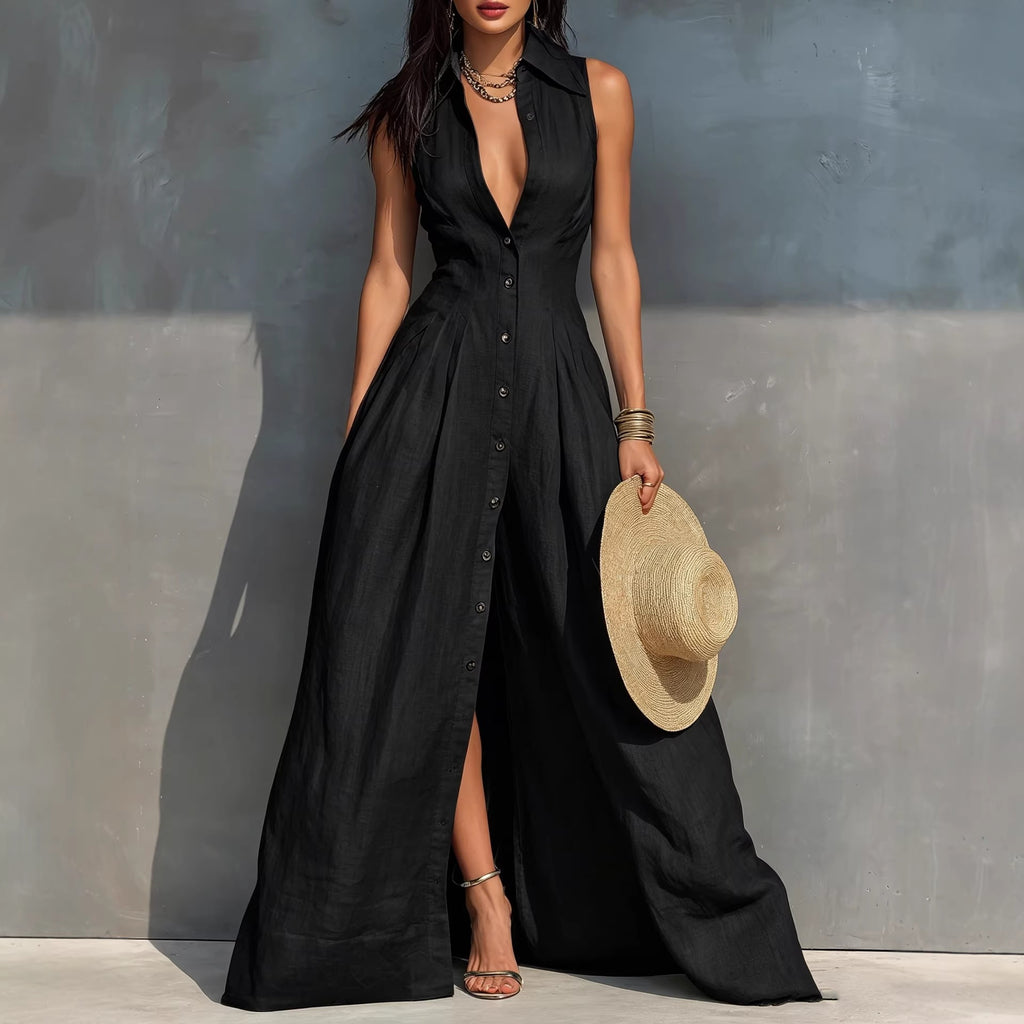 High-waisted Lapel Shirt-style Maxi Dress