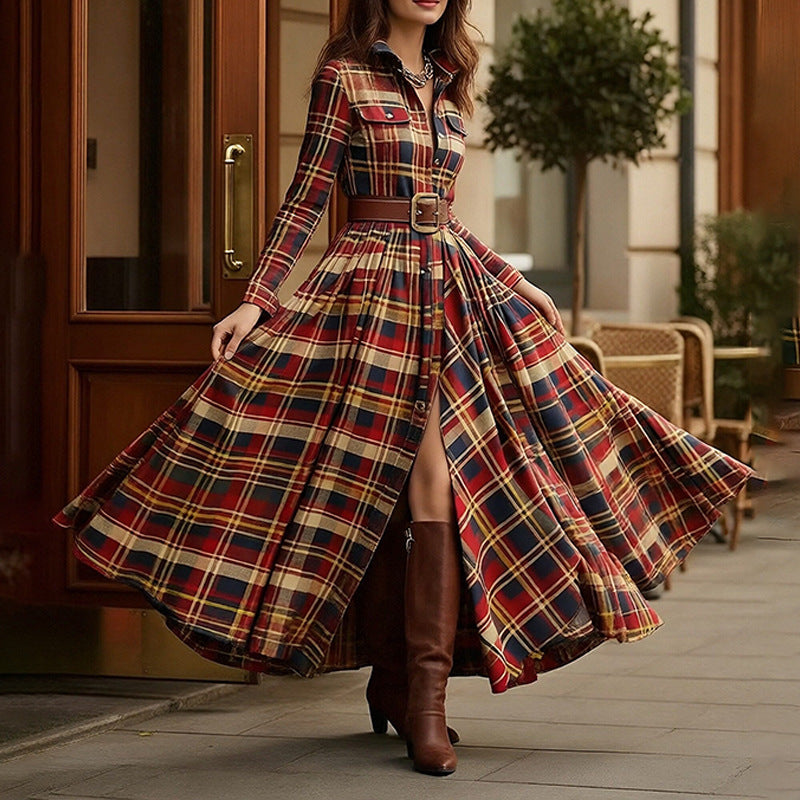 Elegant Commuter Printed Lapel Slim-Fit Dress