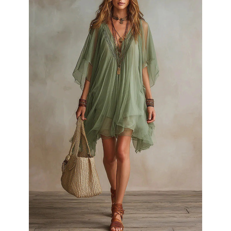 V-neck Chiffon Loose-fitting Resort Blouse And Beach Skirt