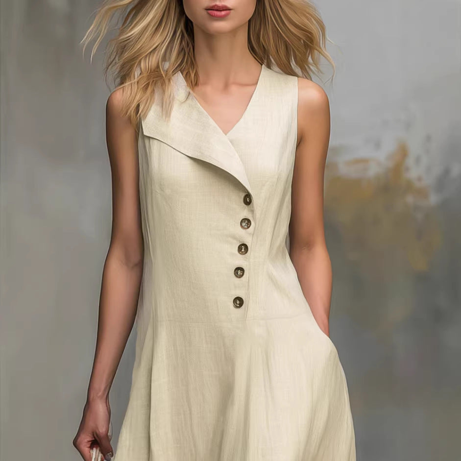 Solid-color Lapel-buttoned Sleeveless Womens Dress With A Fitted Hem