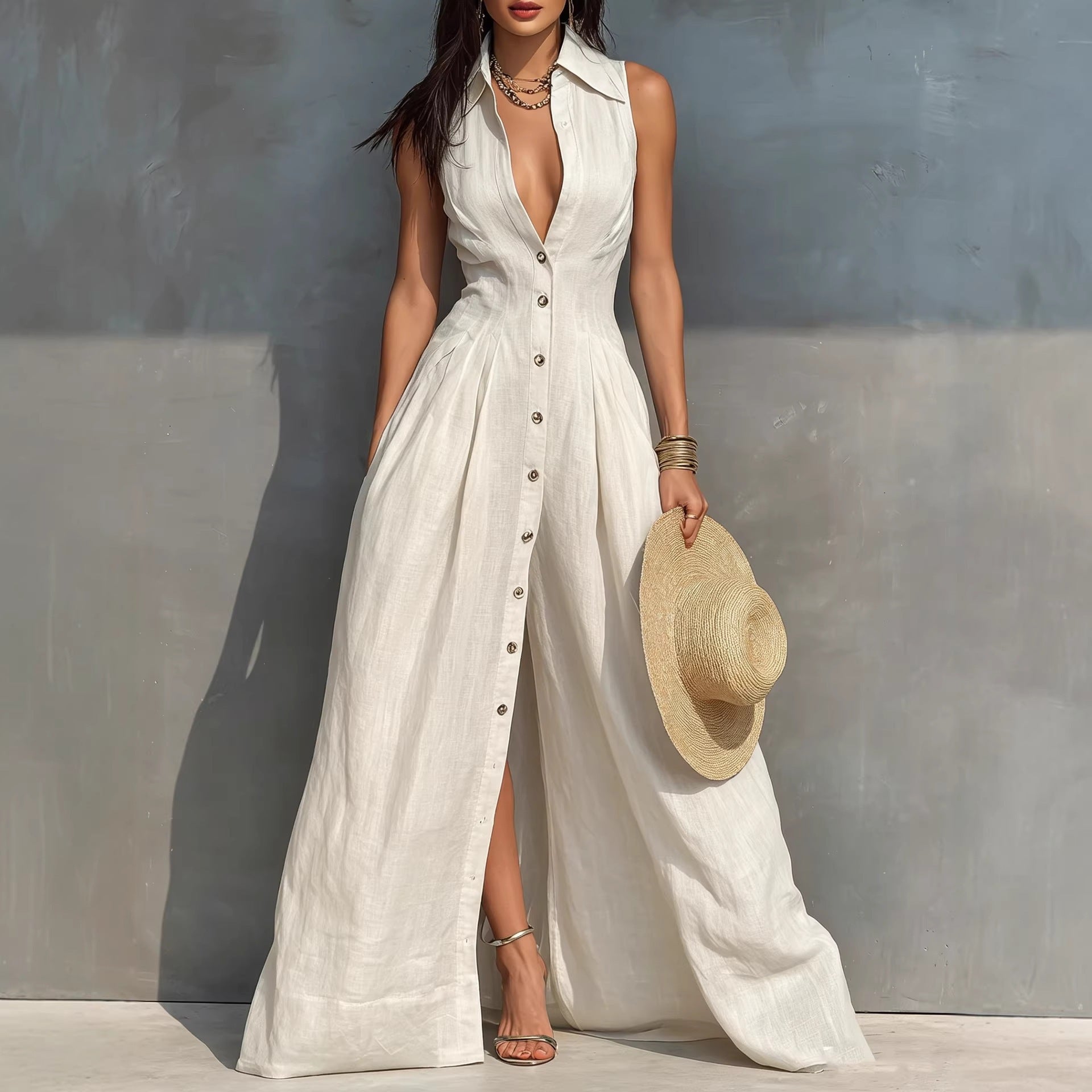 High-waisted Lapel Shirt-style Maxi Dress