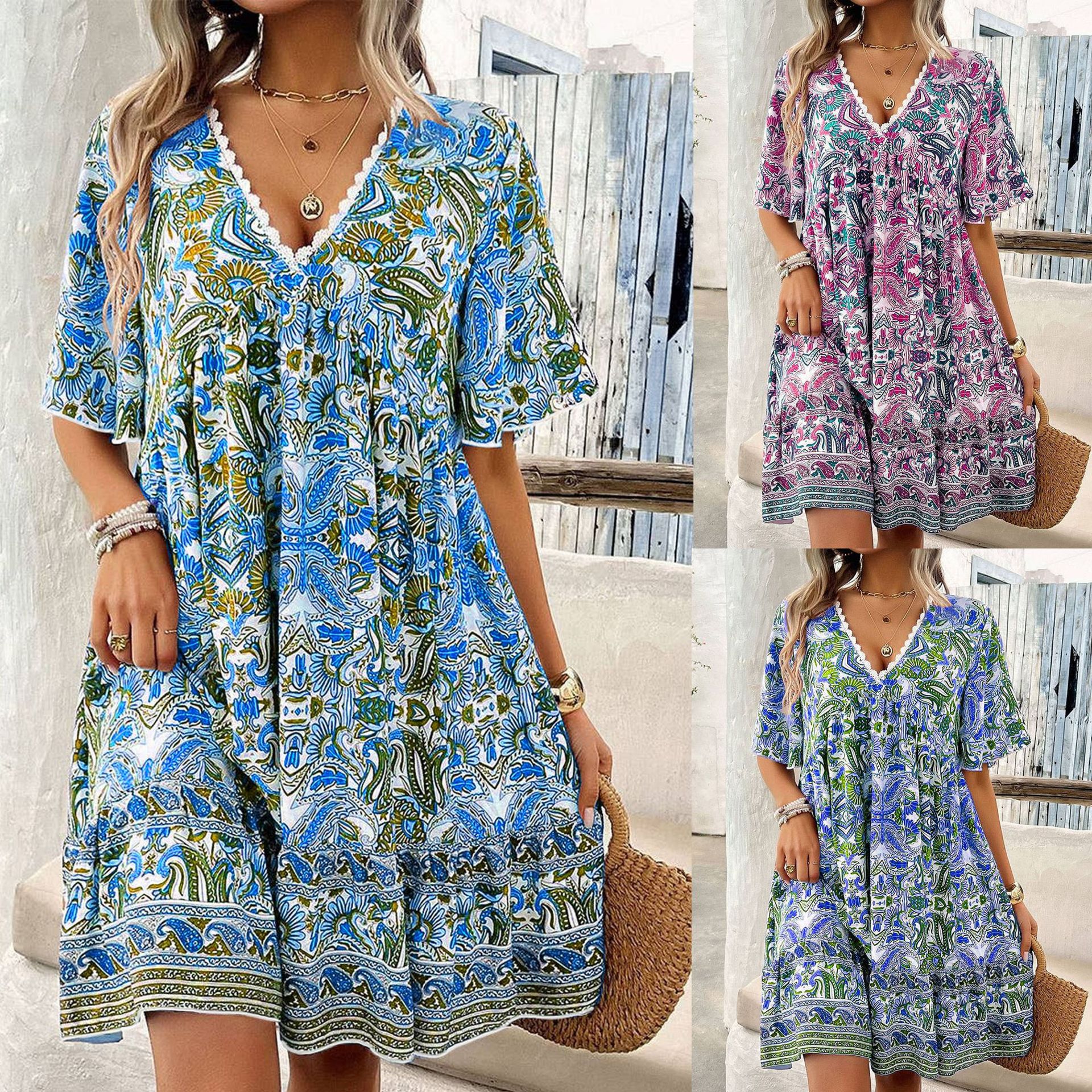 Spring New Fashion Short-Sleeve Printed V-Neck Dress