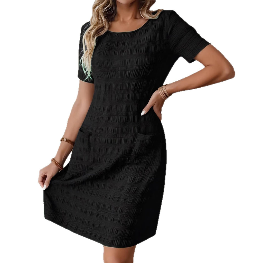 Solid-color Crewneck Woven Non-stretch Womens Dress