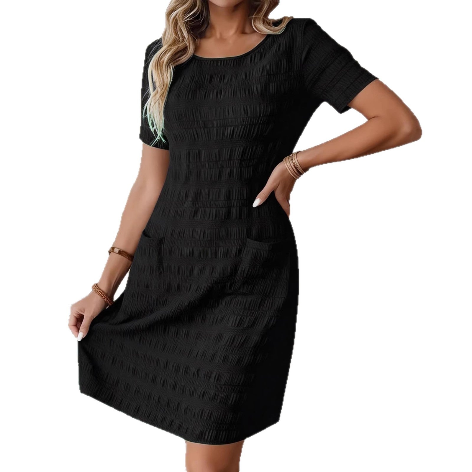 Solid-color Crewneck Woven Non-stretch Womens Dress