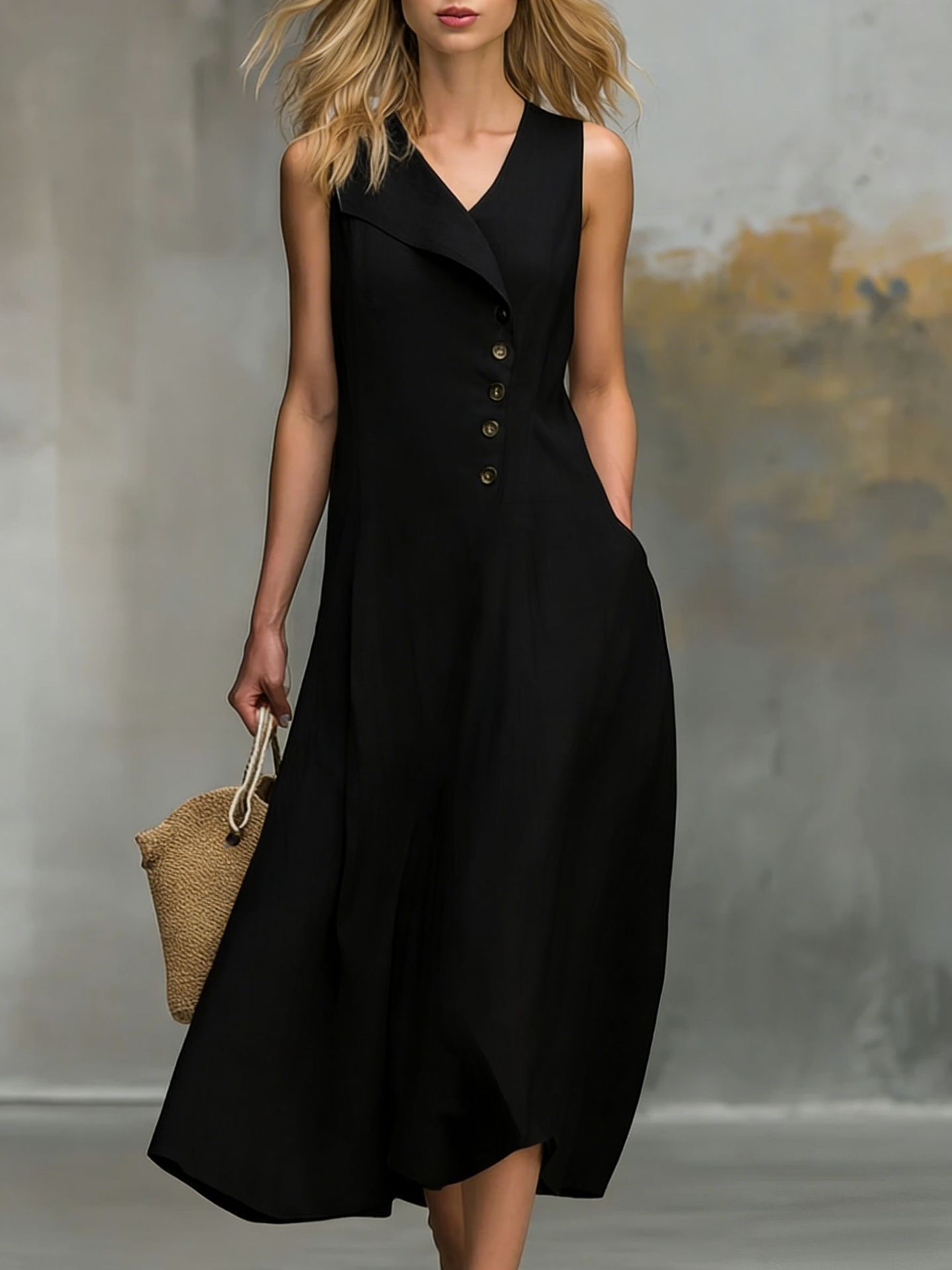 Solid-color Lapel-buttoned Sleeveless Womens Dress With A Fitted Hem