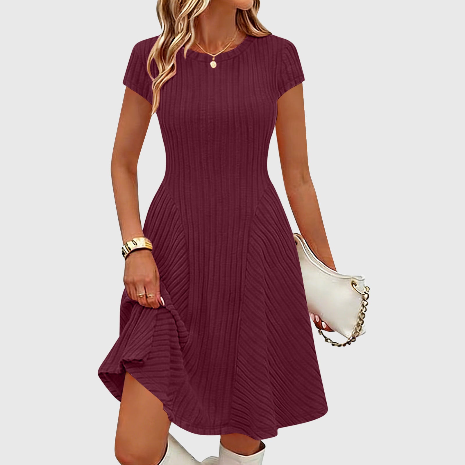 Irregularly Brushed Ribbed Solid-color Dress