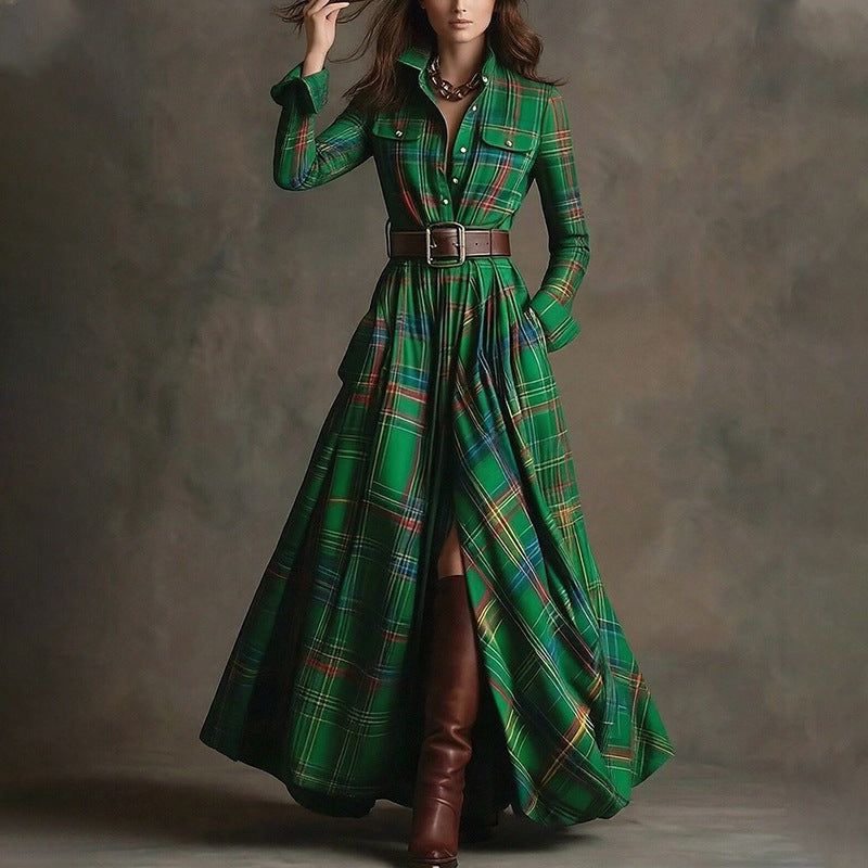 Elegant Commuter Printed Lapel Slim-Fit Dress