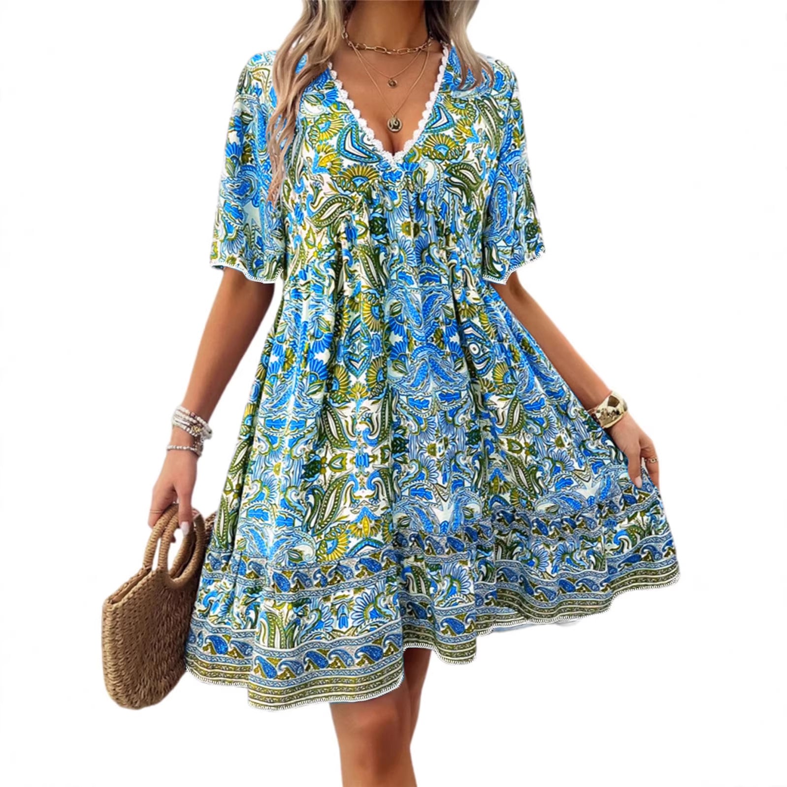 Spring New Fashion Short-Sleeve Printed V-Neck Dress