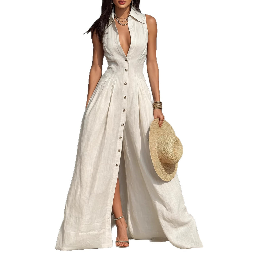 High-waisted Lapel Shirt-style Maxi Dress