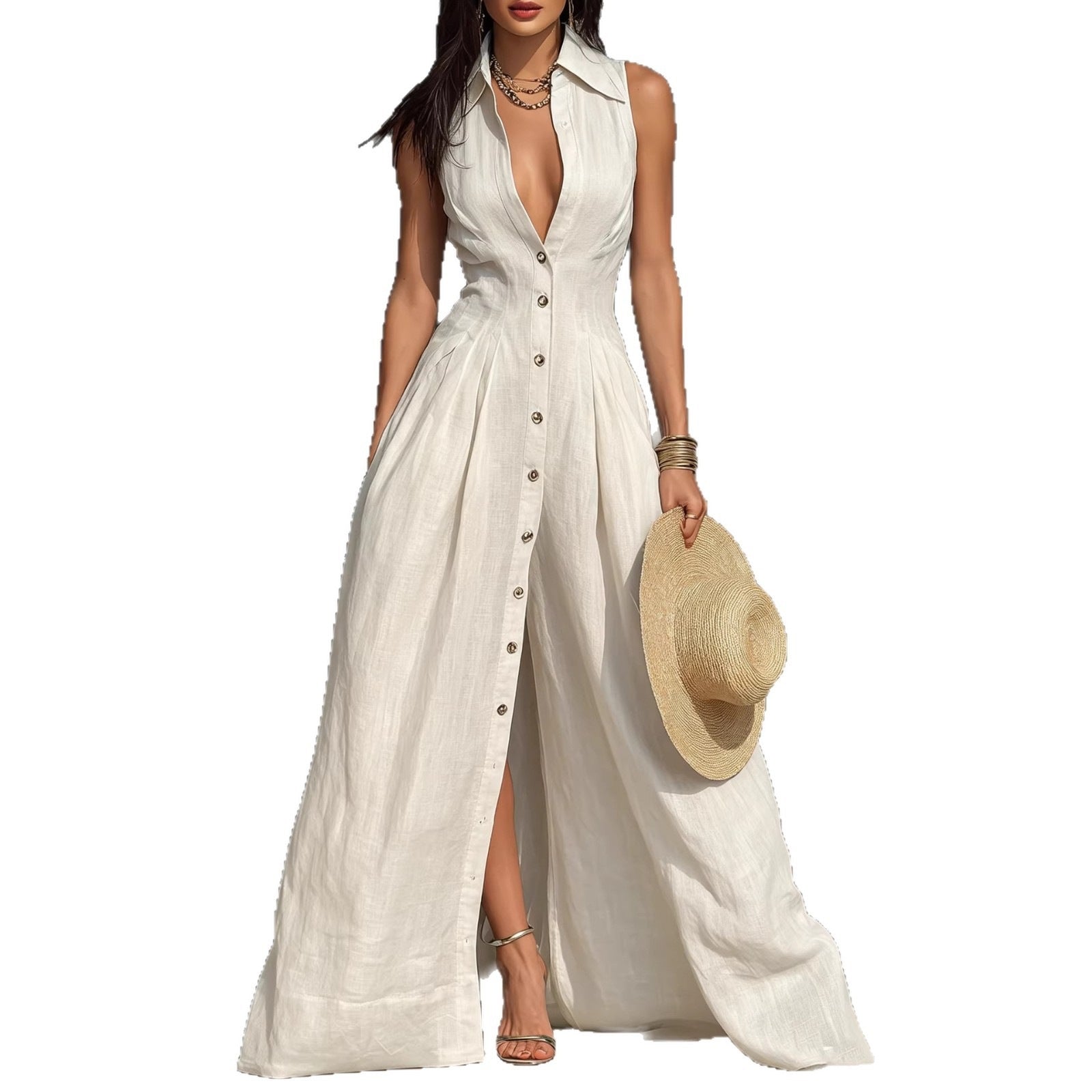 High-waisted Lapel Shirt-style Maxi Dress