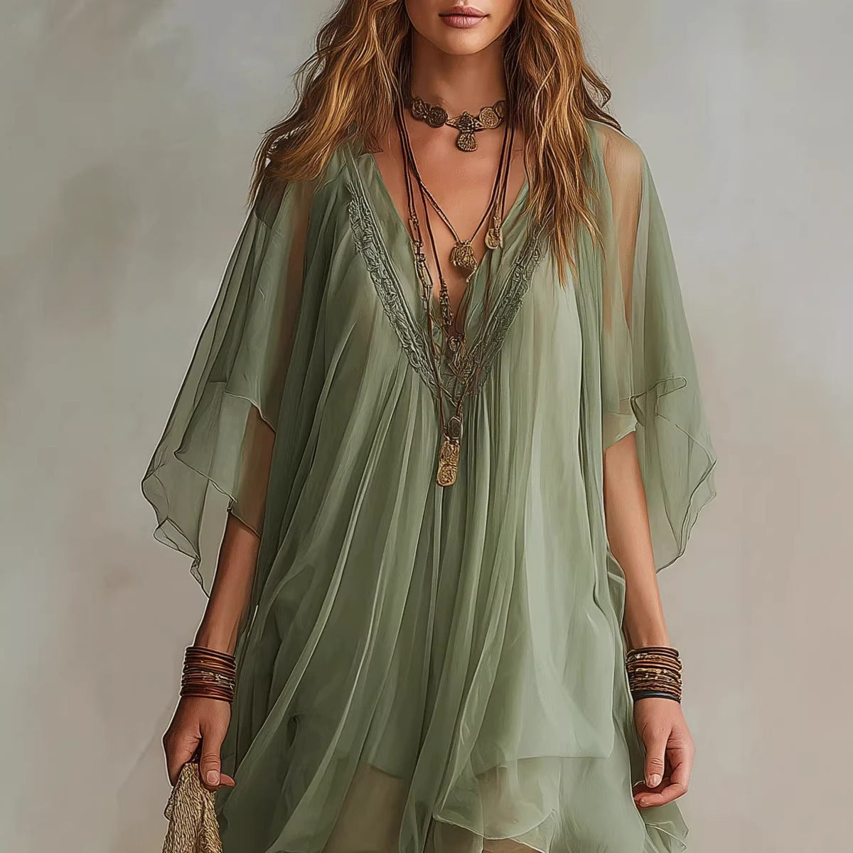 V-neck Chiffon Loose-fitting Resort Blouse And Beach Skirt