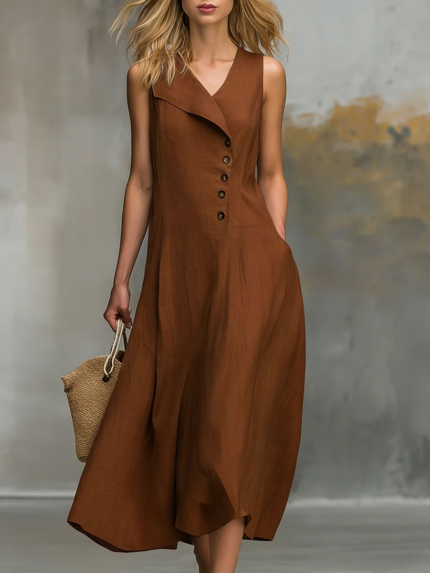 Solid-color Lapel-buttoned Sleeveless Womens Dress With A Fitted Hem