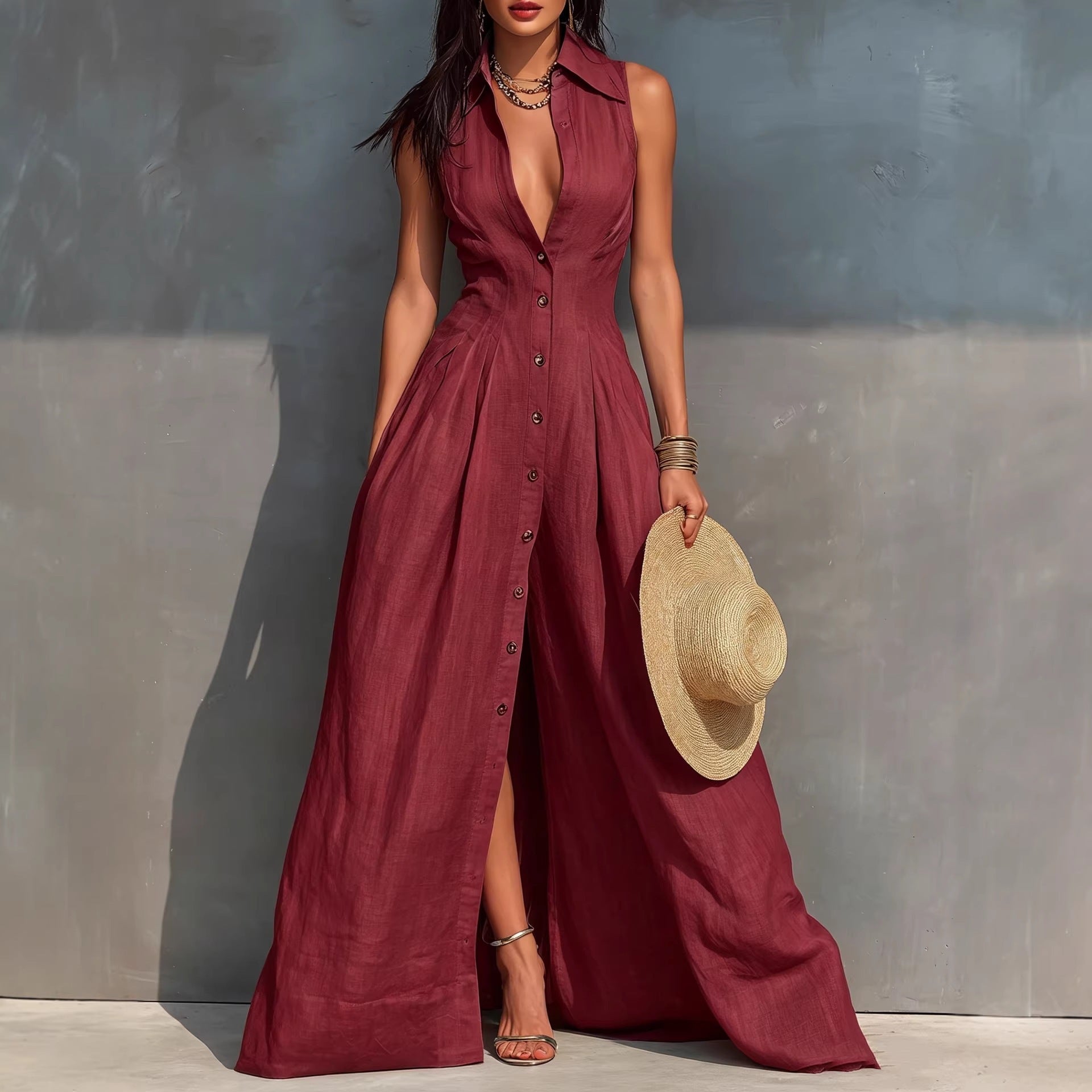 High-waisted Lapel Shirt-style Maxi Dress