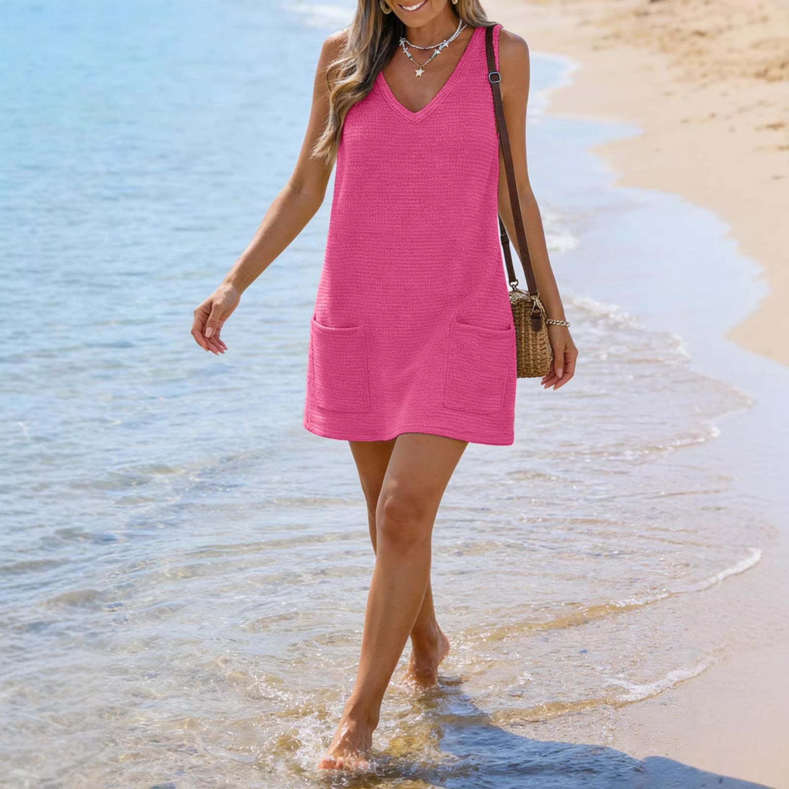 Womens V-Neck Sleeveless Beach Dress