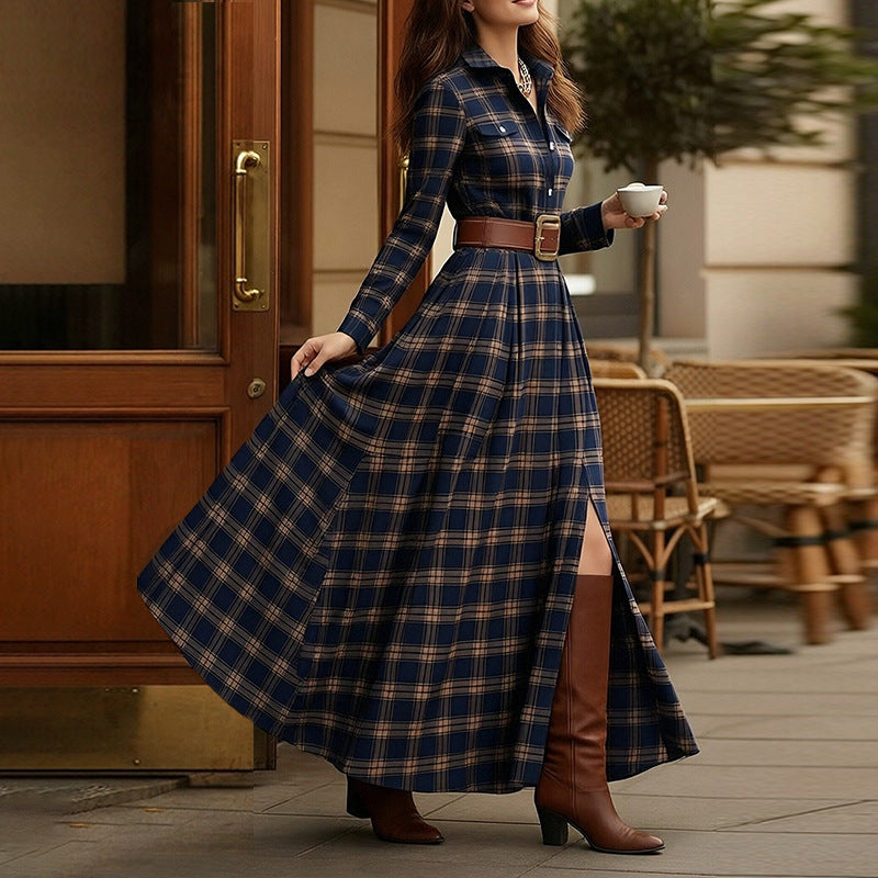 Elegant Commuter Printed Lapel Slim-Fit Dress