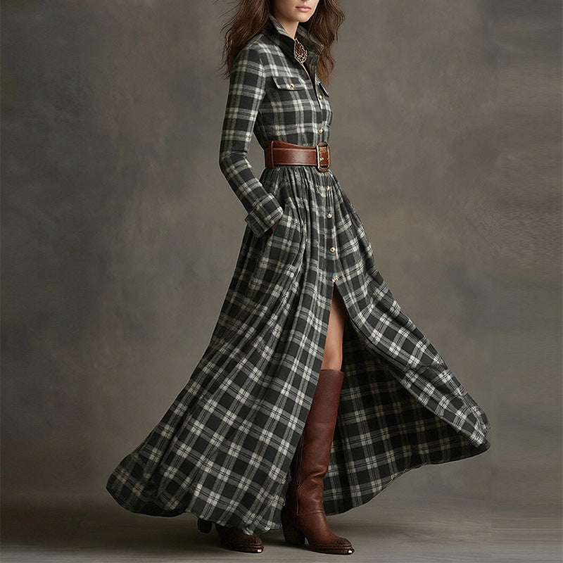 Elegant Commuter Printed Lapel Slim-Fit Dress