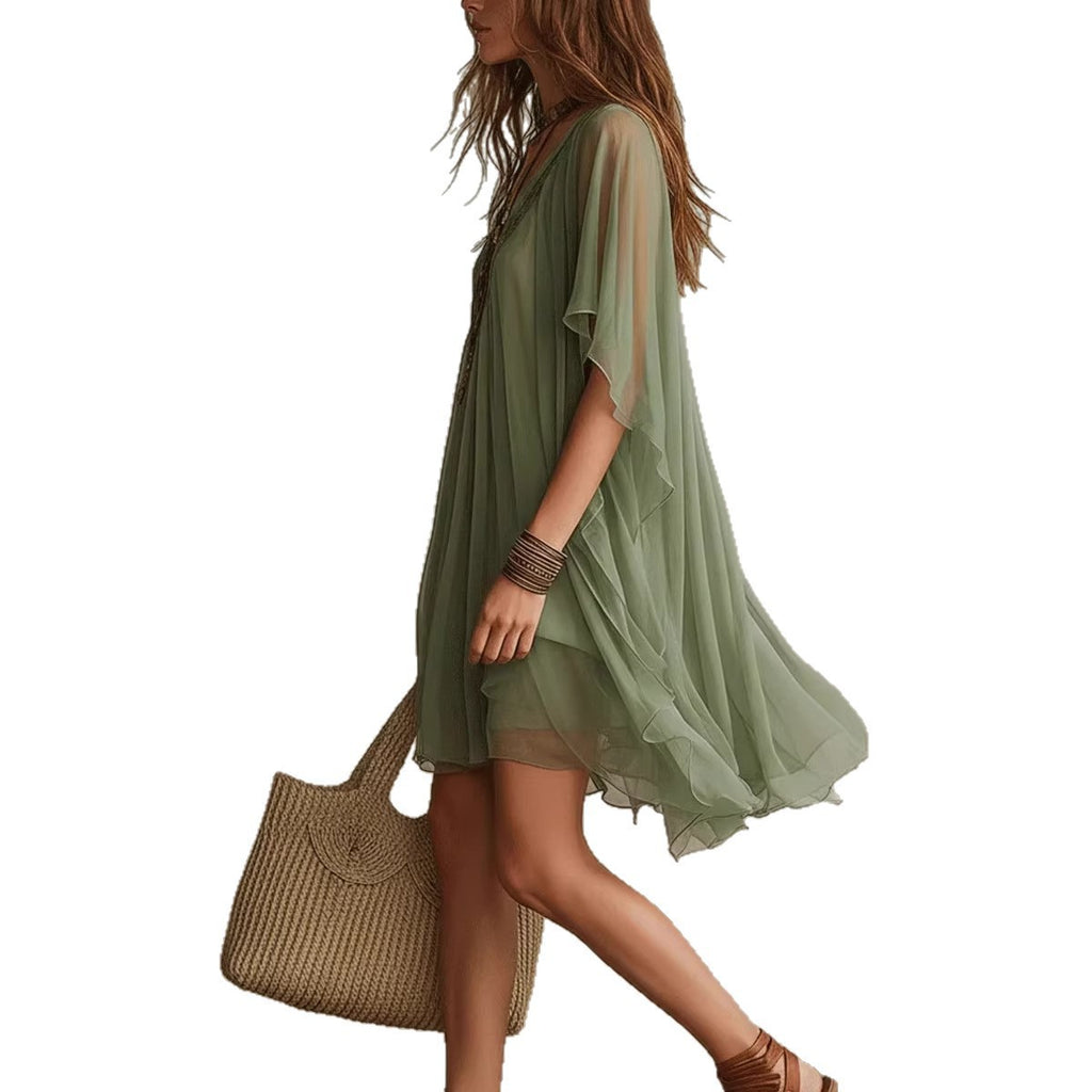 V-neck Chiffon Loose-fitting Resort Blouse And Beach Skirt