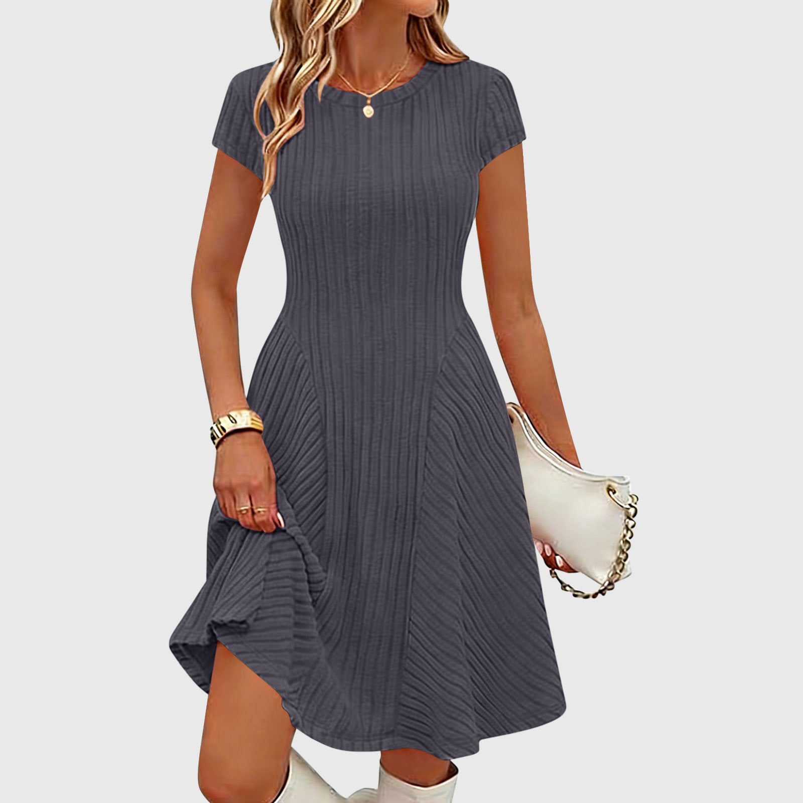 Irregularly Brushed Ribbed Solid-color Dress