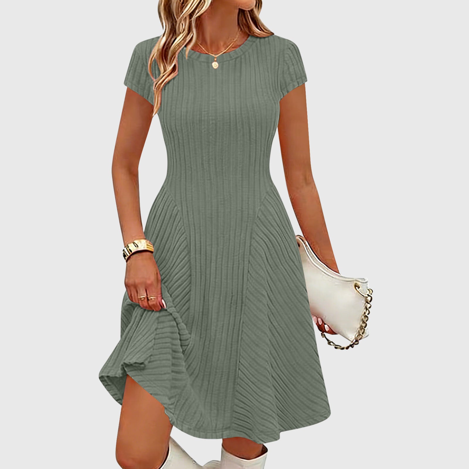 Irregularly Brushed Ribbed Solid-color Dress