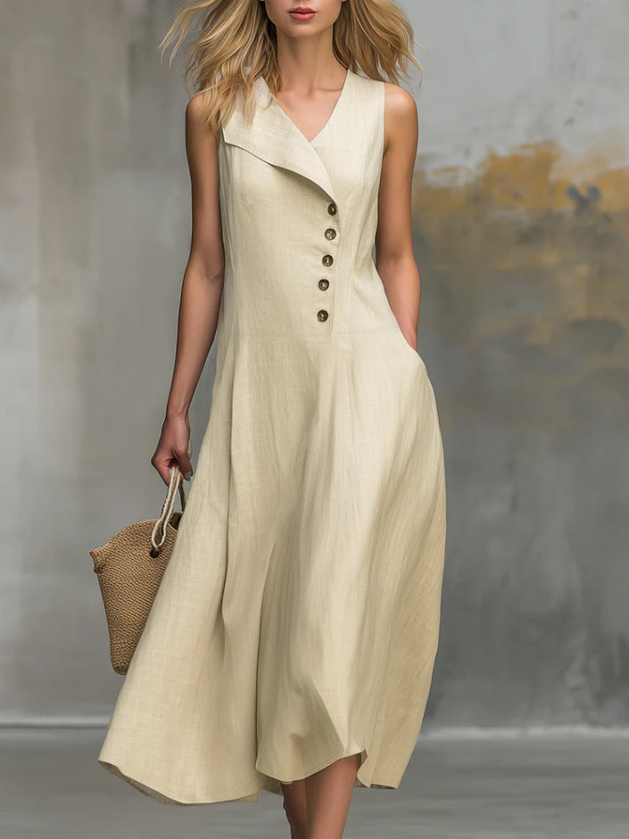 Solid-color Lapel-buttoned Sleeveless Womens Dress With A Fitted Hem