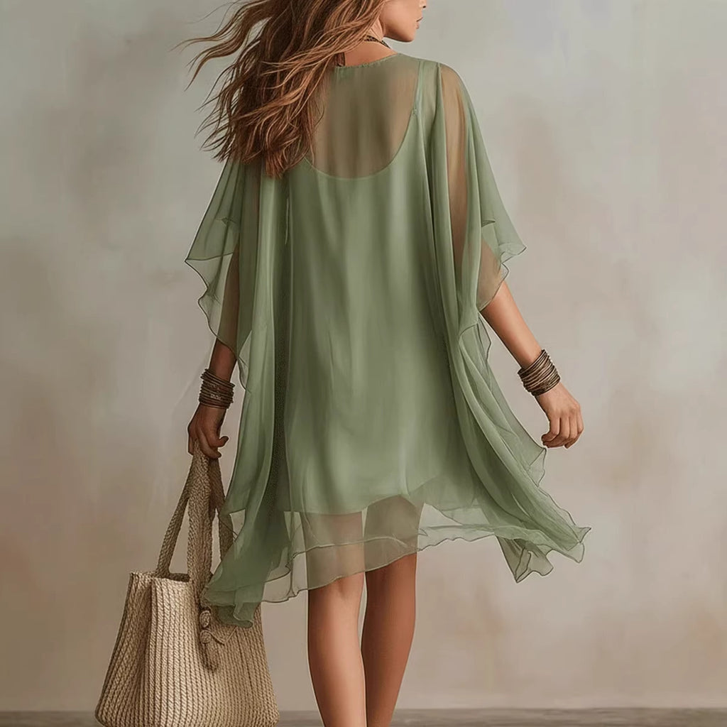 V-neck Chiffon Loose-fitting Resort Blouse And Beach Skirt