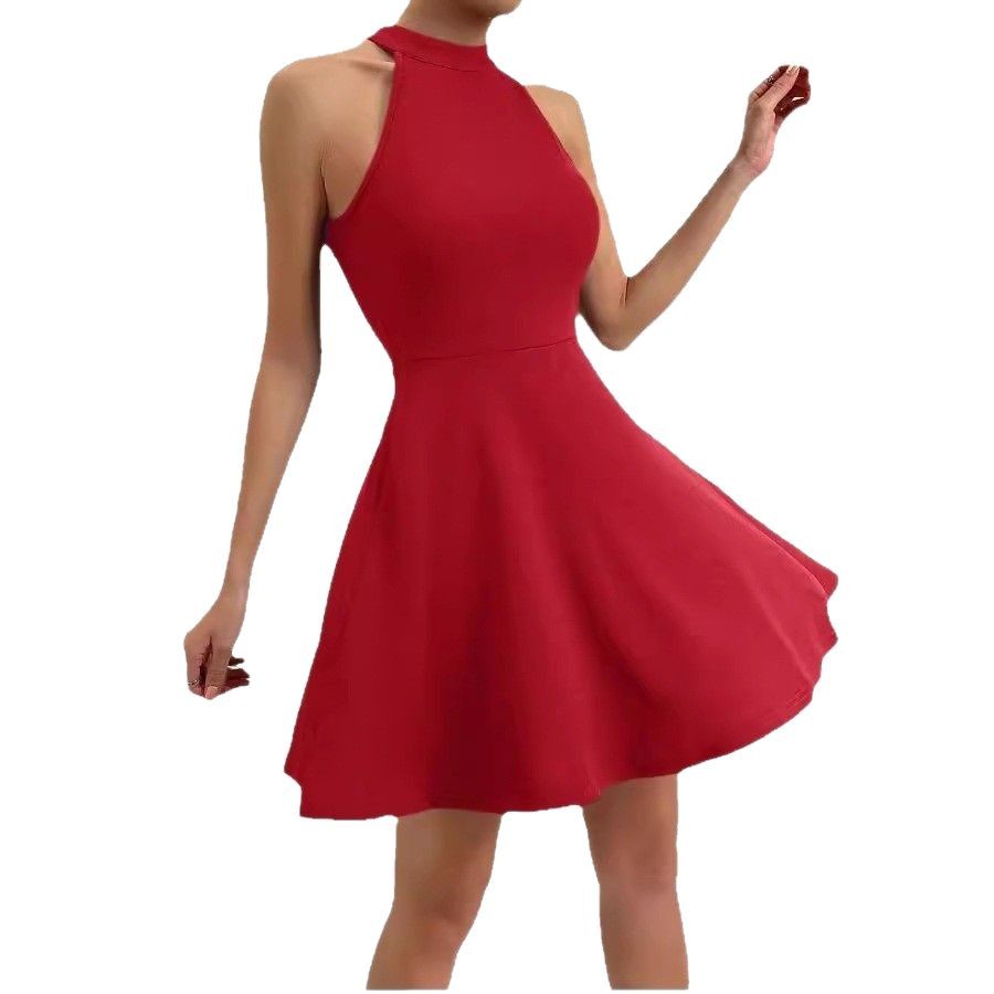 Womens Solid-Colored Halter Neck High-Waist Sleeveless Dress