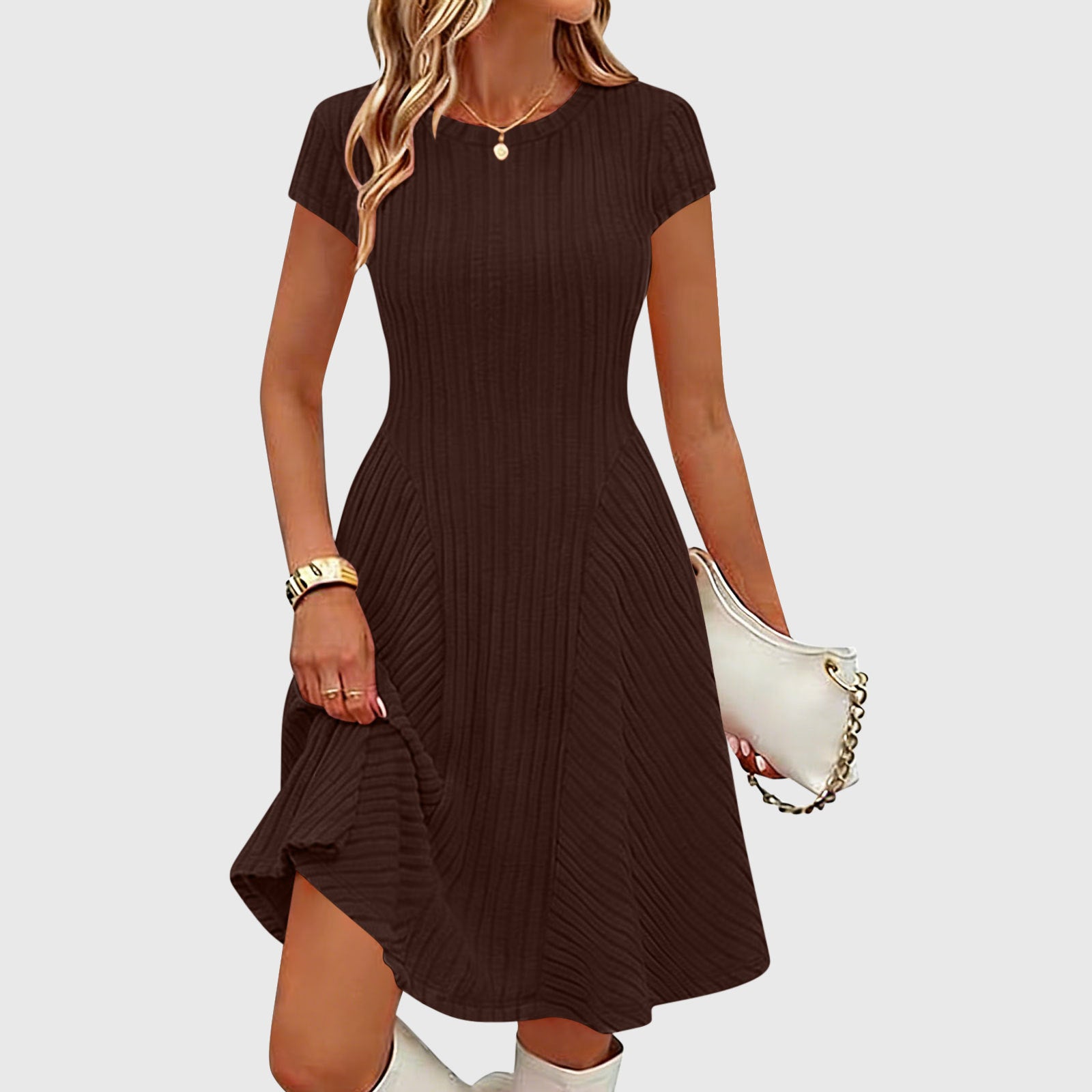 Irregularly Brushed Ribbed Solid-color Dress