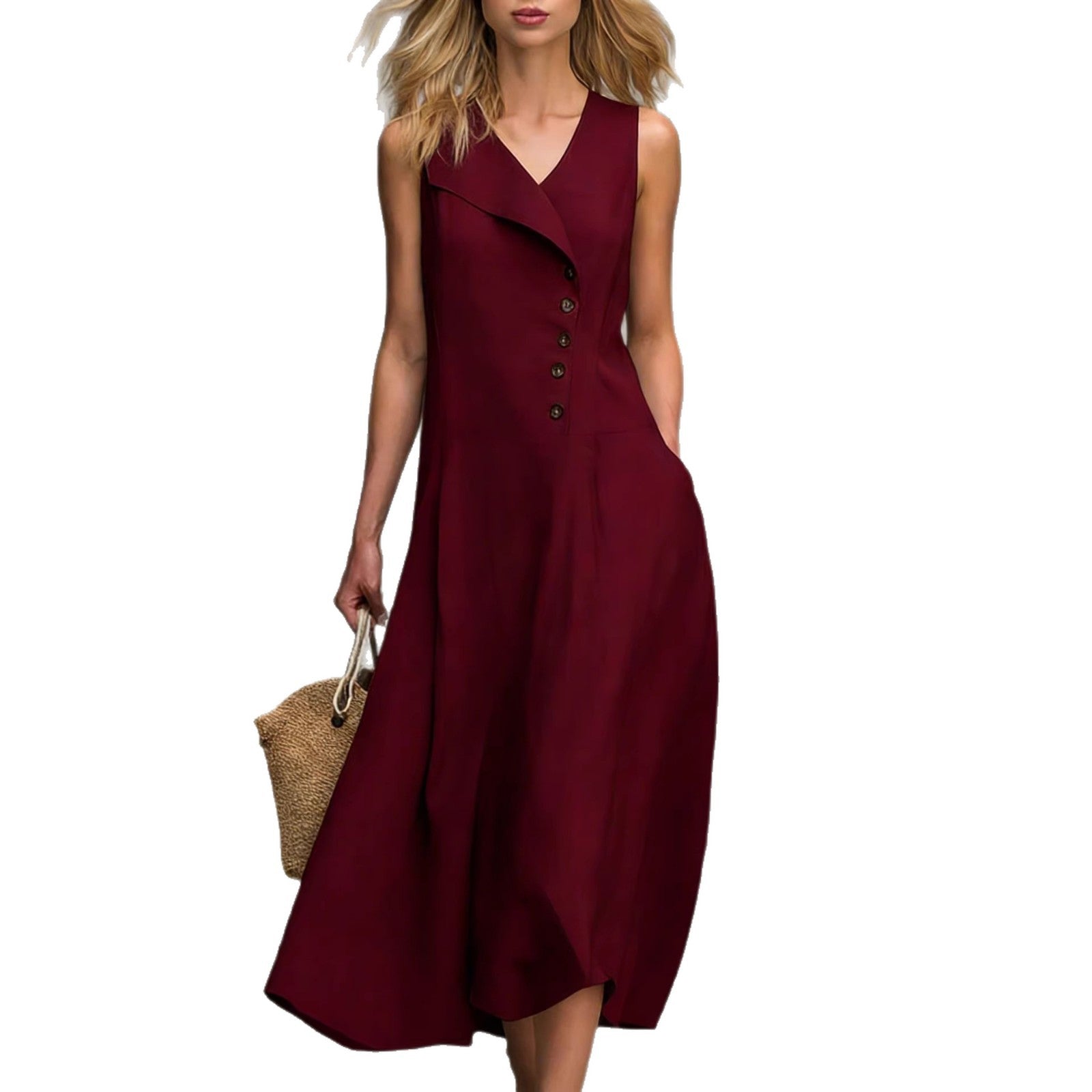 Solid-color Lapel-buttoned Sleeveless Womens Dress With A Fitted Hem