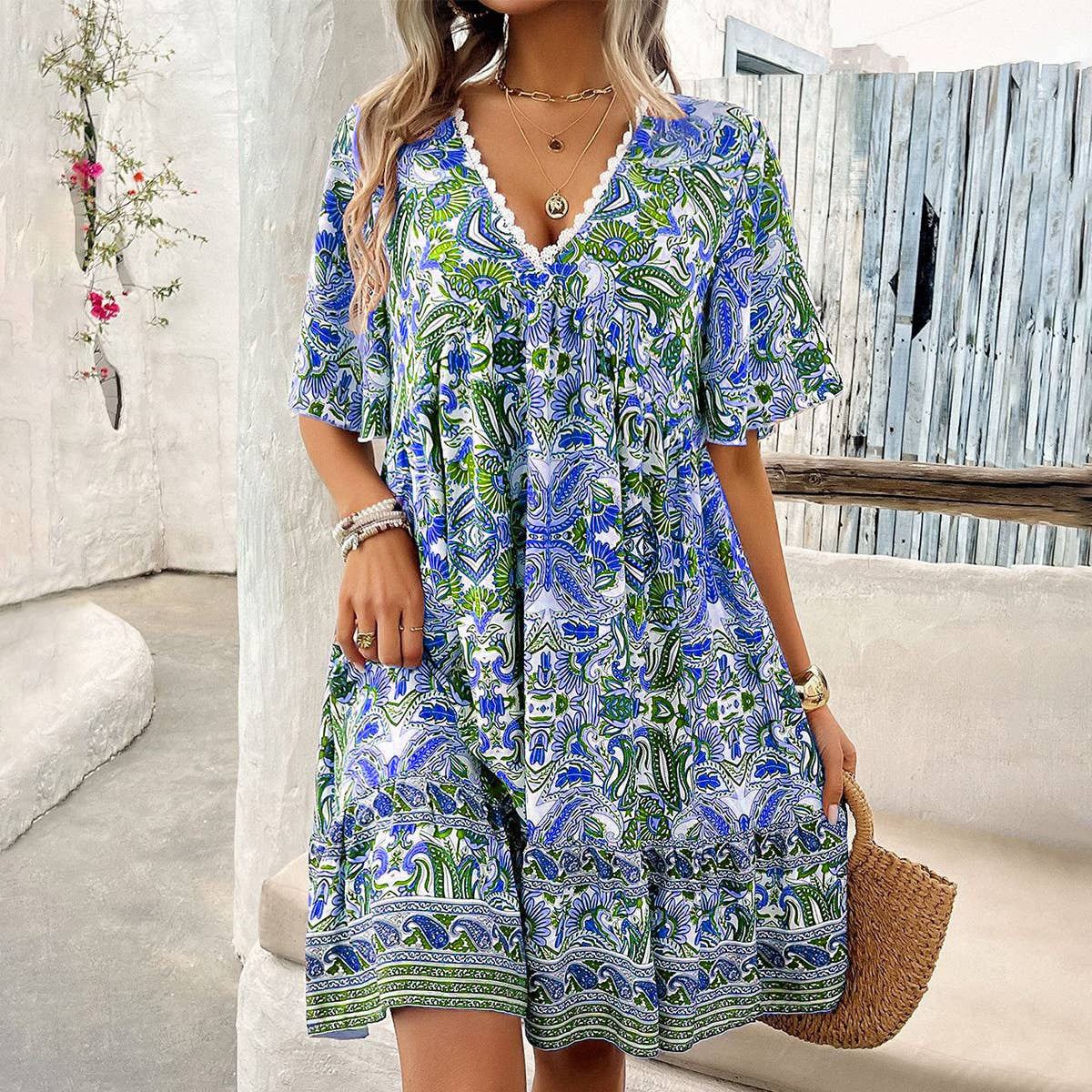 Spring New Fashion Short-Sleeve Printed V-Neck Dress