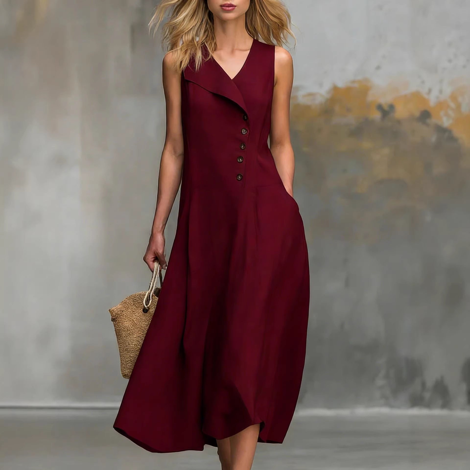Solid-color Lapel-buttoned Sleeveless Womens Dress With A Fitted Hem