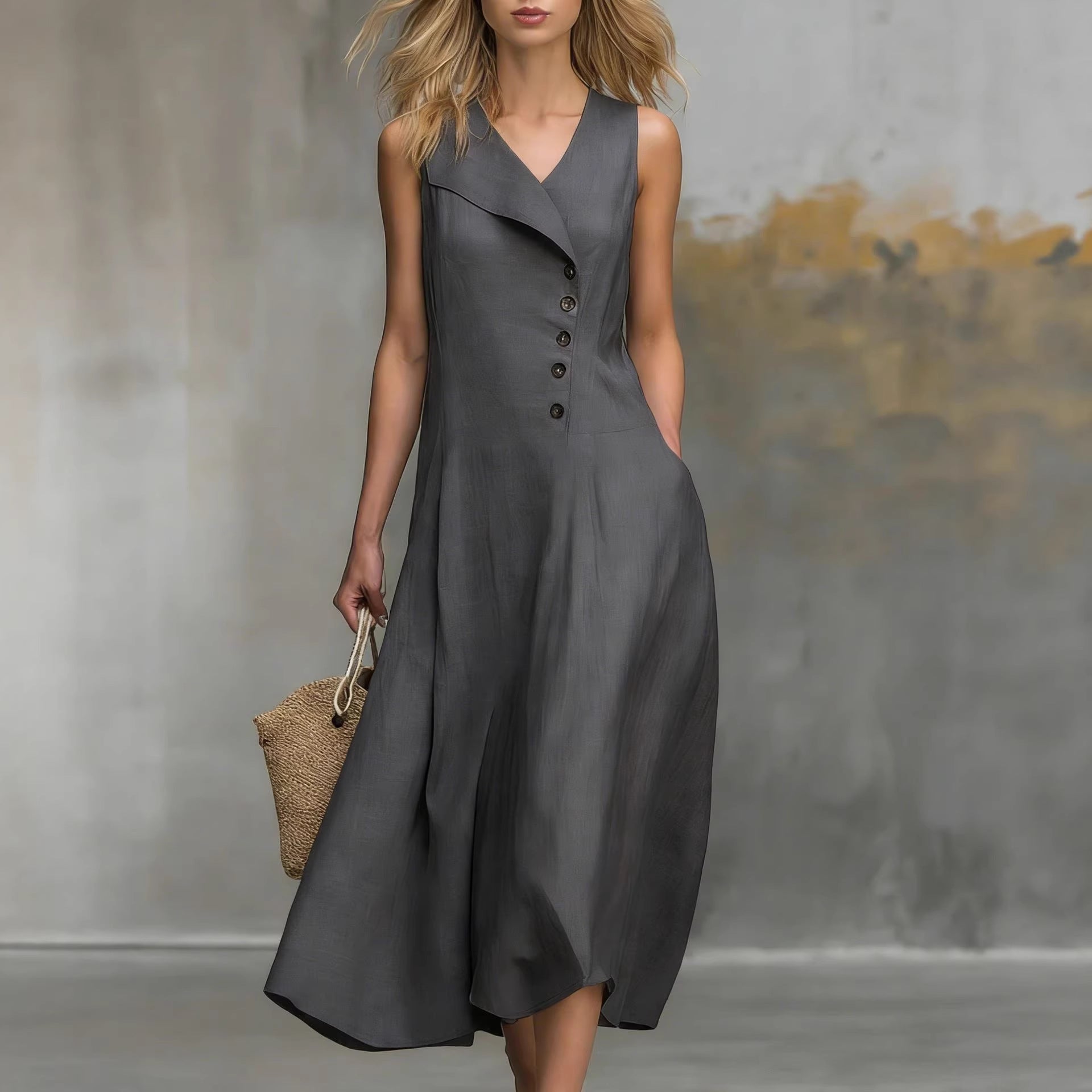 Solid-color Lapel-buttoned Sleeveless Womens Dress With A Fitted Hem