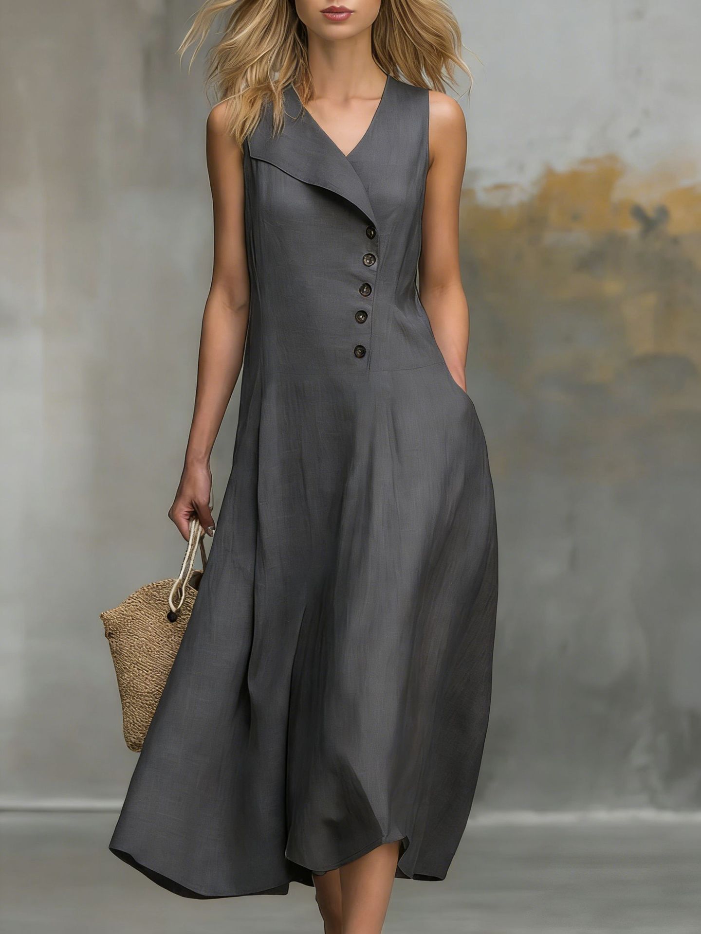 Solid-color Lapel-buttoned Sleeveless Womens Dress With A Fitted Hem