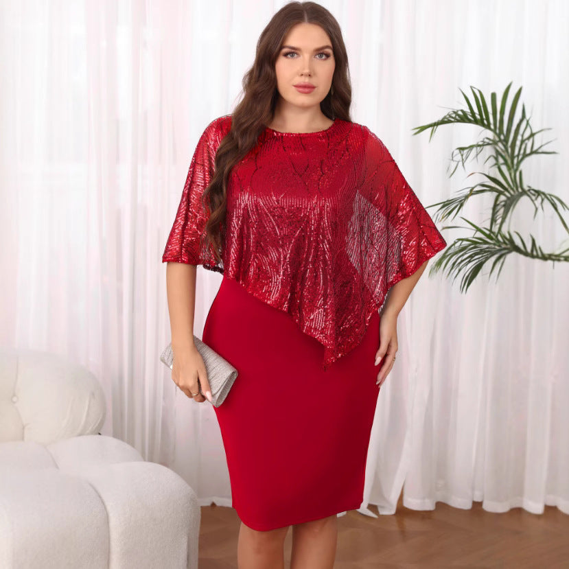 Sequined Patchwork Irregular Plus-Size Womens Dress