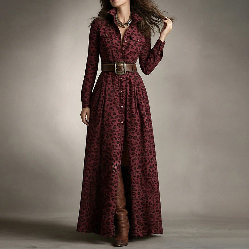 Elegant Commuter Printed Lapel Slim-Fit Dress