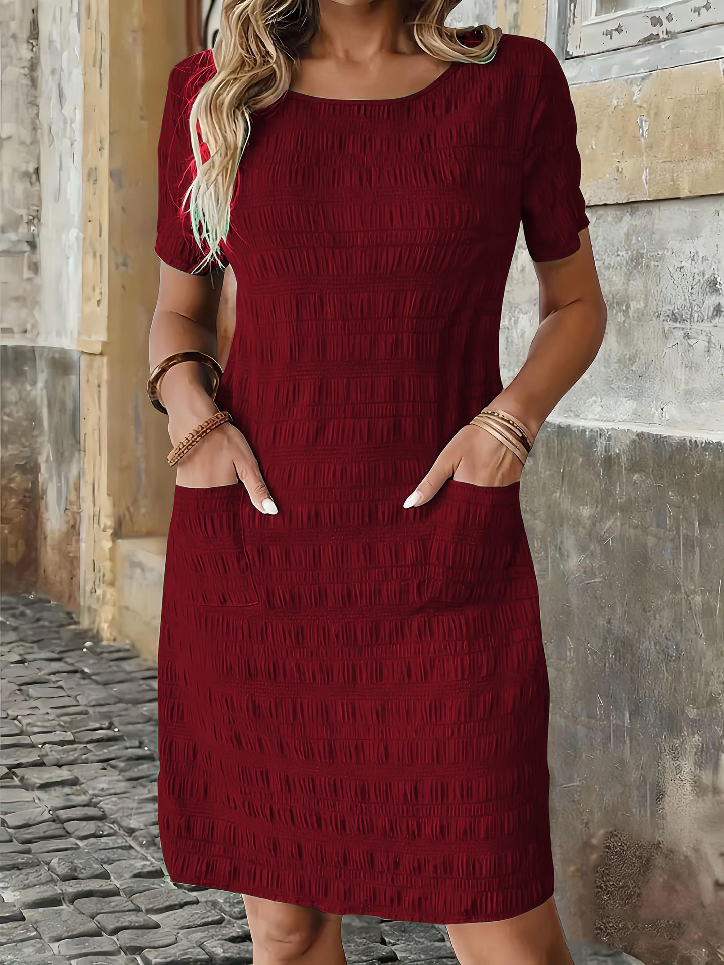 Solid-color Crewneck Woven Non-stretch Womens Dress